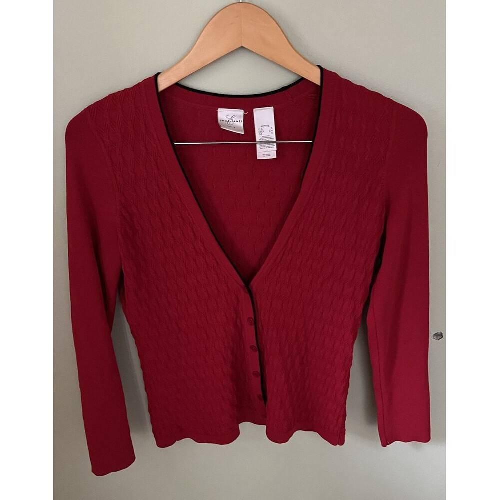 Emma James Women's Button Front Cardigan Sweater Red Black Trim Small Petite